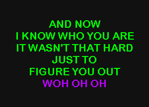 AND NOW
I KNOW WHO YOU ARE
IT WASN'T THAT HARD

JUST TO
FIGURE YOU OUT