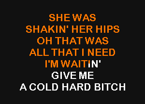 SHEWAS
SHAKIN' HER HIPS
OH THAT WAS

ALL THATI NEED
I'M WAITIN'
GIVE ME
A COLD HARD BITCH