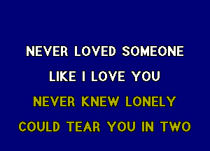 NEVER LOVED SOMEONE

LIKE I LOVE YOU
NEVER KNEW LONELY
COULD TEAR YOU IN TWO