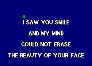 I SAW YOU SMILE

AND MY MIND
COULD NOT ERASE
THE BEAUTY OF YOUR FACE