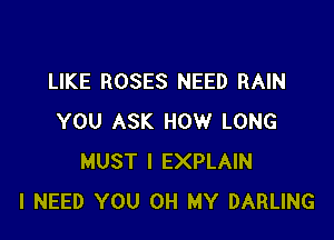 LIKE ROSES NEED RAIN

YOU ASK HOW LONG
MUST l EXPLAIN
I NEED YOU OH MY DARLING
