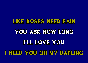 LIKE ROSES NEED RAIN

YOU ASK HOW LONG
I'LL LOVE YOU
I NEED YOU OH MY DARLING