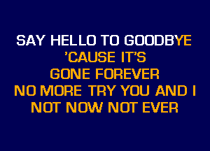 SAY HELLO TU GOODBYE
'CAUSE IT'S
GONE FOREVER
NO MORE TRY YOU AND I
NOT NOW NOT EVER