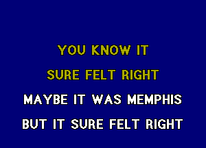YOU KNOW IT

SURE FELT RIGHT
MAYBE IT WAS MEMPHIS
BUT IT SURE FELT RIGHT