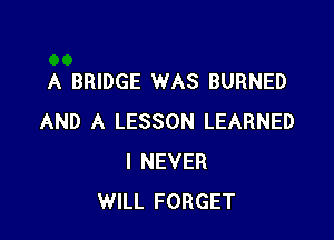 A BRIDGE WAS BURNED

AND A LESSON LEARNED
I NEVER
WILL FORGET