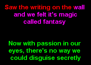 Saw the writing on the wall
and we felt it's magic
called fantasy

Now with passion in our
eyes, there's no way we
could disguise secretly
