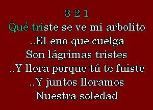 3 2 1
ngg triste se ve mi arbolito
..E1 eno que cuelga
Son leigrimas tristes
..Y 1101421 porque 1311 te fuiste
..Y juntos lloramos
Nuestra soledad