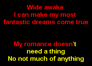 Wide awake
I can make my most
fantastic dreams come true

My romance doesn't
need a thing
No not much of anything