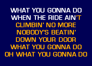 WHAT YOU GONNA DO
WHEN THE RIDE AIN'T
CLIMBIN' NO MORE
NOBODYB BEATIN'
DOWN YOUR DOOR
WHAT YOU GONNA DO
OH WHAT YOU GONNA DO