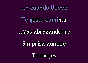 ..Y cuando llueve
Te gusta caminar

..Vas abraza'mdome

Sin prisa aunque

Te mojes