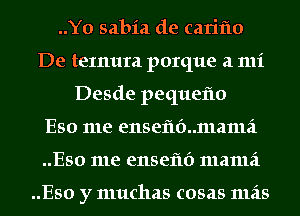 ..Y0 sabia de cariflo
De tenmra porque a 111i
Desde pequeflo
Eso me enseflbumama
..Eso me ensefu') mama

..Eso y muchas cosas mas