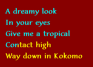 A dreamy look

In your eyes

Give me a tropical
Contact high

Way down in Kokomo