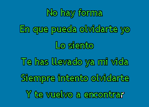 No hay forma
En que pueda olvidarte yo

Lo siento

Te has llevado ya mi Vida

Siempre intento olvidarte

Y te vuelvo a encontrar