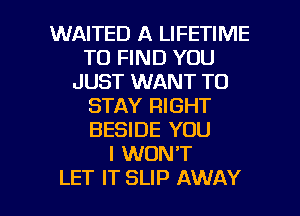 WAITED A LIFETIME
TO FIND YOU
JUST WANT TO
STAY RIGHT
BESIDE YOU
I WON'T

LET IT SLIP AWAY l