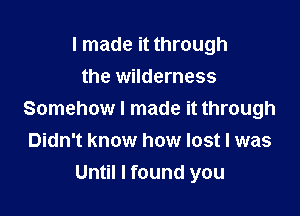 I made it through
the wilderness

Somehow I made it through
Didn't know how lost I was
Until I found you