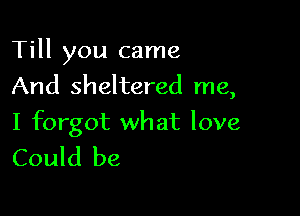 Till you came
And sheltered me,

I forgot what love
Could be