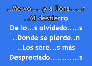 ..Me vo ..... y a llora ..... r
..Al destierro
De lo...s olvidado ..... s
..Donde se pierde..n
..Los sere...s mas
Despreciado ............ s