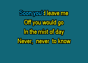 Soon you'd leave me
Off you would go

In the mist of day

Never. never to know