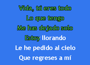 Vida, t0 eres todo
Lo que tengo
Me has dejado solo
Estoy llorando

Le he pedido al cielo

Que regreses a mi l