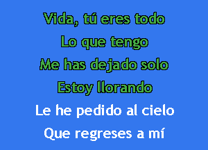 Vida, t0 eres todo
Lo que tengo
Me has dejado solo
Estoy llorando

Le he pedido al cielo

Que regreses a mi l