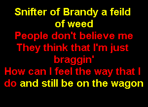 Snifter of Brandy a feild
of weed
People don't believe me
They think that I'm just
braggin'
How can I feel the way that I
do and still be on the wagon