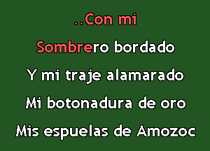 ..Con mi
Sombrero bordado
Y mi traje alamarado
Mi botonadura de oro

Mis espuelas de Amozoc