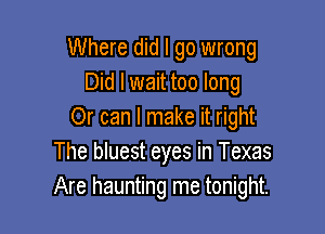 Where did I go wrong
Did I wait too long

Or can I make it right
The bluest eyes in Texas
Are haunting me tonight.