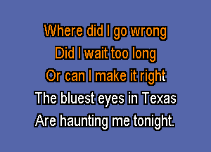 Where did I go wrong
Did I wait too long

Or can I make it right
The bluest eyes in Texas
Are haunting me tonight.