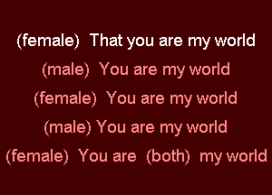 (female) That you are my world
(male) You are my world
(female) You are my world
(male) You are my world

(female) You are (both) my world