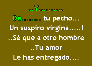 ..Y ..........

De ........ tu pecho...
Un suspiro Virgina ..... l
..Se'e que a otro hombre

..Tu amor
Le has entregado....