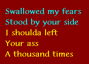 Swallowed my fears
Stood by your side

I shoulda left

Your ass
A thousand times