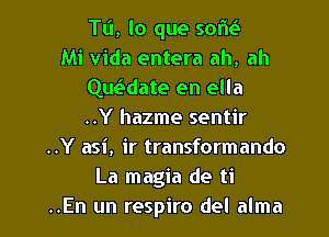 TL'I, lo que SOIE
Mi Vida entera ah, ah
Que3date en ella
..Y hazme sentir

..Y asi, ir transformando
La magia de ti
..En un respiro del alma