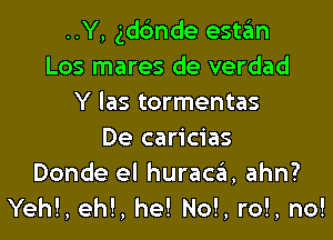 ..Y, gd6nde esh'im
Los mares de verdad
Y las tormentas

De caricias
Donde el huracziz, ahn?
Yeh!, eh!, he! No!, ro!, no!