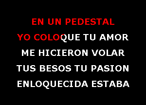 EN UN PEDESTAL
Y0 COLOQUE TU AMOR
ME HICIERON VOLAR
TUS BESOS TU PASION
ENLOQUECIDA ESTABA