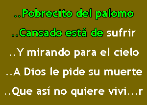 ..Pobrecito del palomo
..Cansado esta de sufrir
..Y mirando para el cielo
..A Dios le pide su muerte

..Que asi no quiere vivi...r