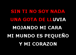 SIN TI N0 SOY NADA
UNA GOTA DE LLUVIA
MOJANDO MI CARA
MI MUNDO ES PEQUENO
Y MI CORAZON