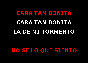 CARA TAN BONITA
CARA TAN BONITA
LA DE MI TORMENTO

NO SE L0 QUE SIENTO