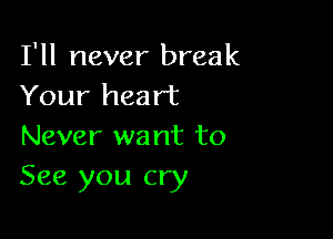 I'll never break
Your heart

Never want to
See you cry