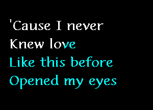 'Cause I never
Knew love

Like this before
Opened my eyes