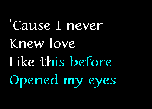 'Cause I never
Knew love

Like this before
Opened my eyes