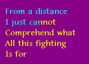 From a distance
I just cannot

Comprehend what
All this fighting
Is for