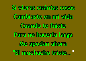 Si vieras cuantas cosas
Cambiaste en mi Vida
Cuando te fuiste
Para no hacerla larga

Me apodan ahora

El muchacho triste. l