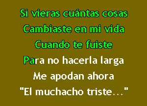 Si vieras cuantas cosas
Cambiaste en mi Vida
Cuando te fuiste
Para no hacerla larga

Me apodan ahora

El muchacho triste. . l