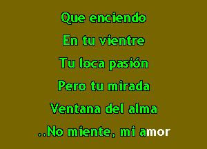 Que enciendo

En tu vientre

Tu loca pasibn

Pero tu mirada
Ventana del alma

..No miente, mi amor