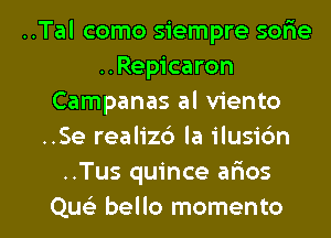 ..Tal como siempre sorie
..Repicaron
Campanas al v1'ento
..Se realizes la ilusidn
..Tus quince arios

Que) bello momento l