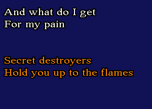 And what do I get
For my pain

Secret destroyers
Hold you up to the flames