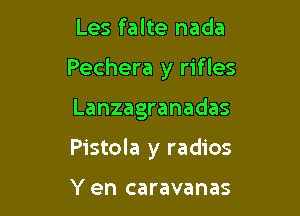 Les falte nada

Pechera y rifles

Lanzagranadas
Pistola y radios

Y en caravanas