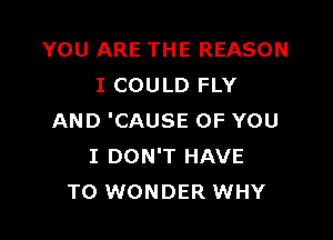 YOU ARE THE REASON
I COULD FLY

AND 'CAUSE OF YOU
I DON'T HAVE
TO WONDER WHY