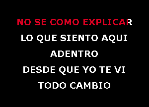 NO SE COMO EXPLICAR
L0 QUE SIENTO AQUI
ADENTRO
DESDE QUE Y0 TE VI
TODO CAMBIO