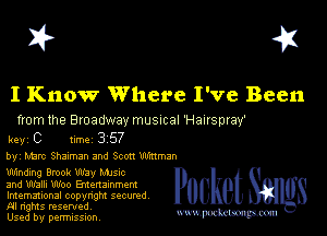 I? 451

I Know Where I've Been

from the Broadway musmal 'Hanspray'
key C ume 357

byi Mam Shaman and Scott Wmman

Winding Brook mm Mme
and Walli Woo Entenannrmm

Imemational copynght secured
NI rights reserved

Used by permission